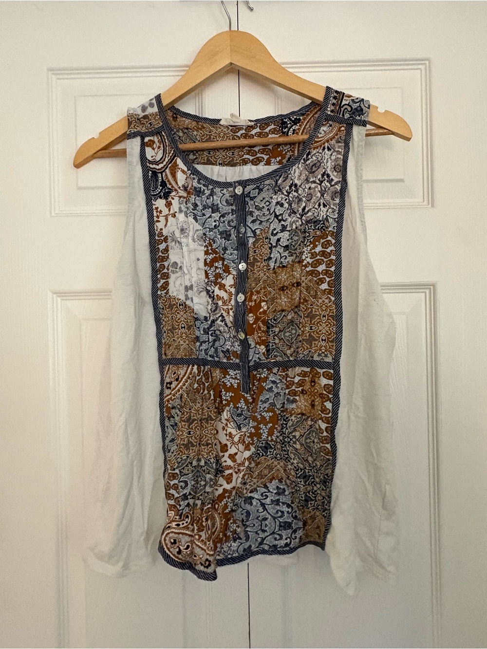 Mystree White Tank with Brown and Navy Patchwork Front